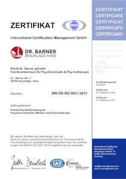 Zertifikat ISO9001 bis 2027 - psychosomatische Klinik Dr. Barner