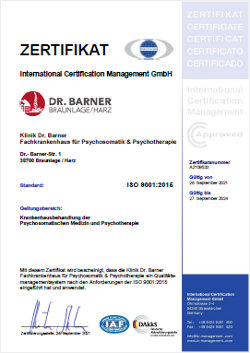 Zertifikat ISO 9001:2015 Krankenhaus Psychosomatik Dr. Barner